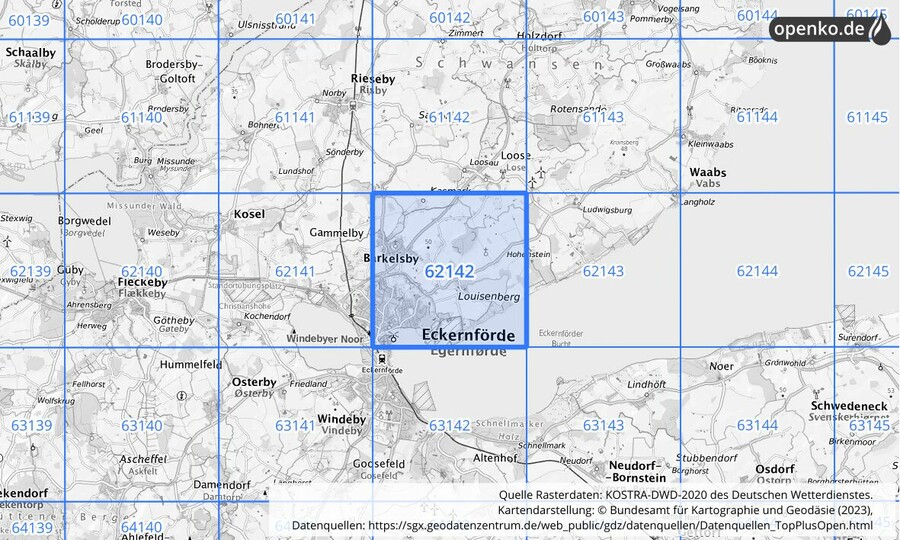 Übersichtskarte des KOSTRA-DWD-2020-Rasterfeldes Nr. 62142