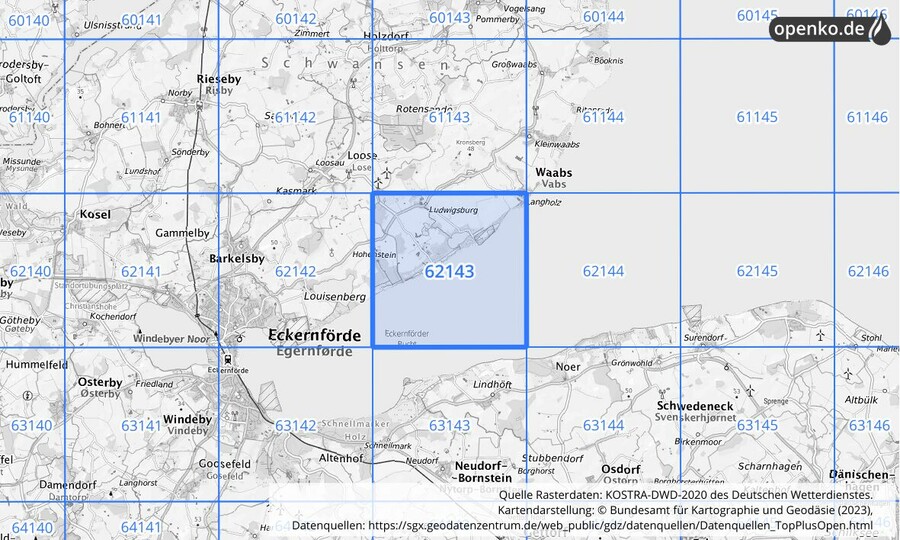 Übersichtskarte des KOSTRA-DWD-2020-Rasterfeldes Nr. 62143