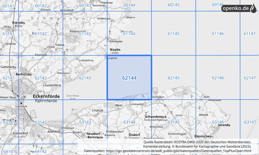 Übersichtskarte des KOSTRA-DWD-2020-Rasterfeldes Nr. 62144