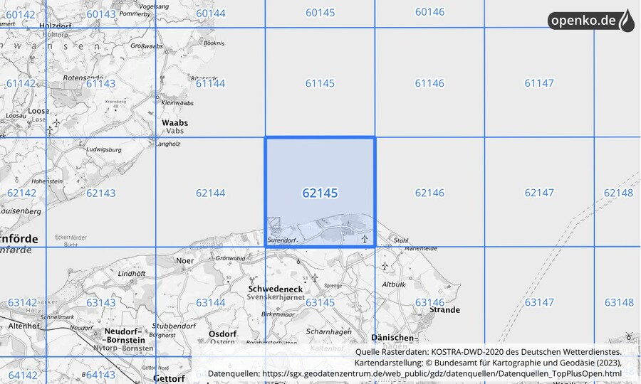 Übersichtskarte des KOSTRA-DWD-2020-Rasterfeldes Nr. 62145