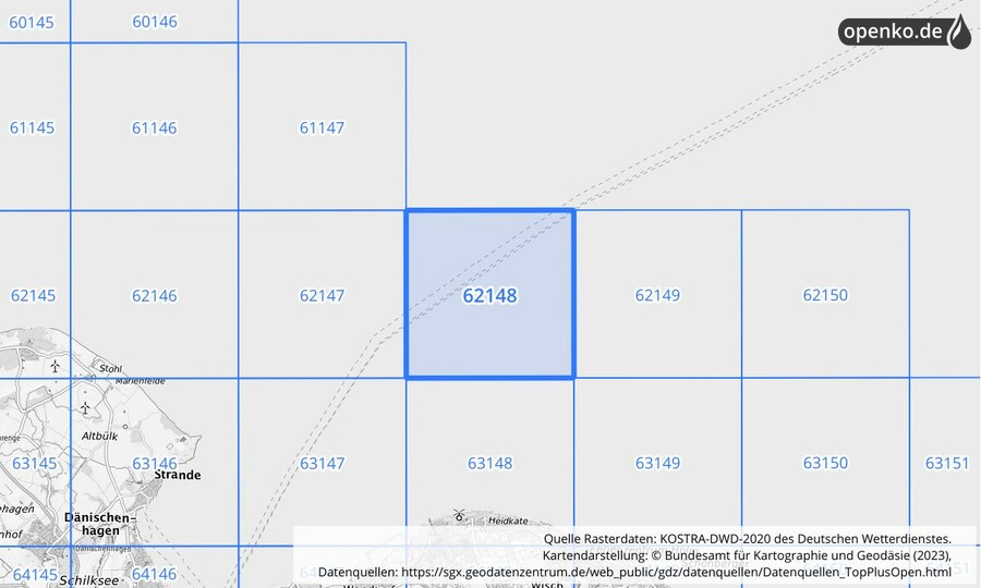 Übersichtskarte des KOSTRA-DWD-2020-Rasterfeldes Nr. 62148