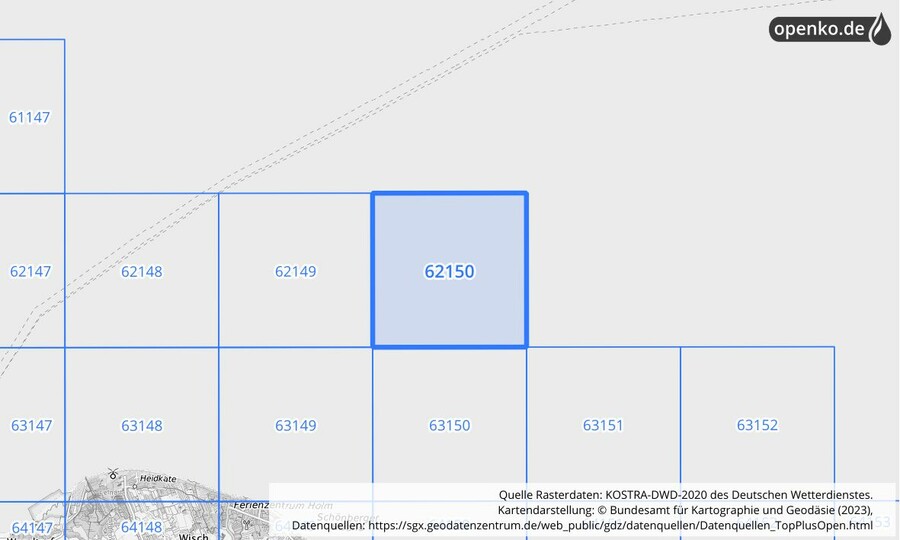 Übersichtskarte des KOSTRA-DWD-2020-Rasterfeldes Nr. 62150