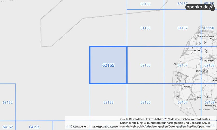 Übersichtskarte des KOSTRA-DWD-2020-Rasterfeldes Nr. 62155