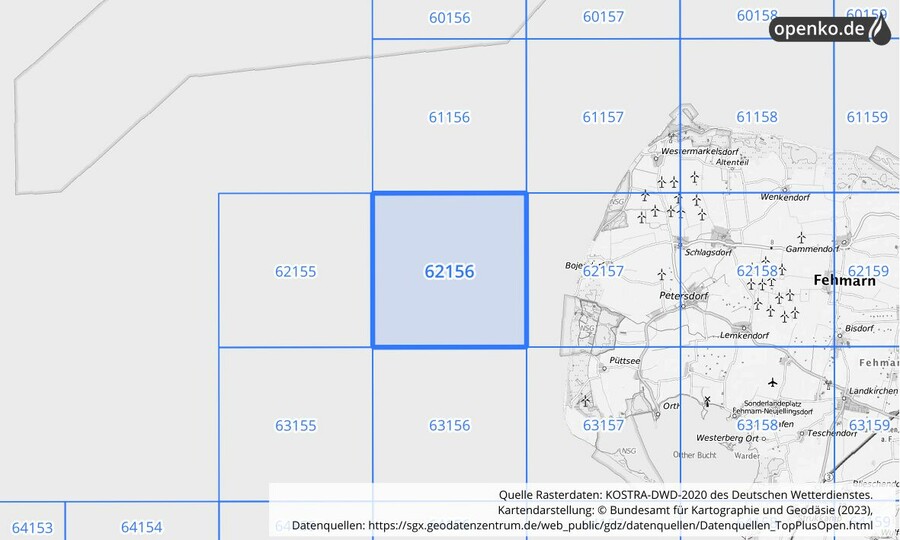 Übersichtskarte des KOSTRA-DWD-2020-Rasterfeldes Nr. 62156