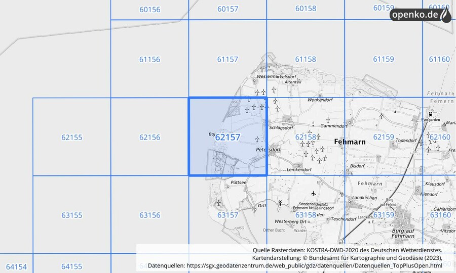 Übersichtskarte des KOSTRA-DWD-2020-Rasterfeldes Nr. 62157