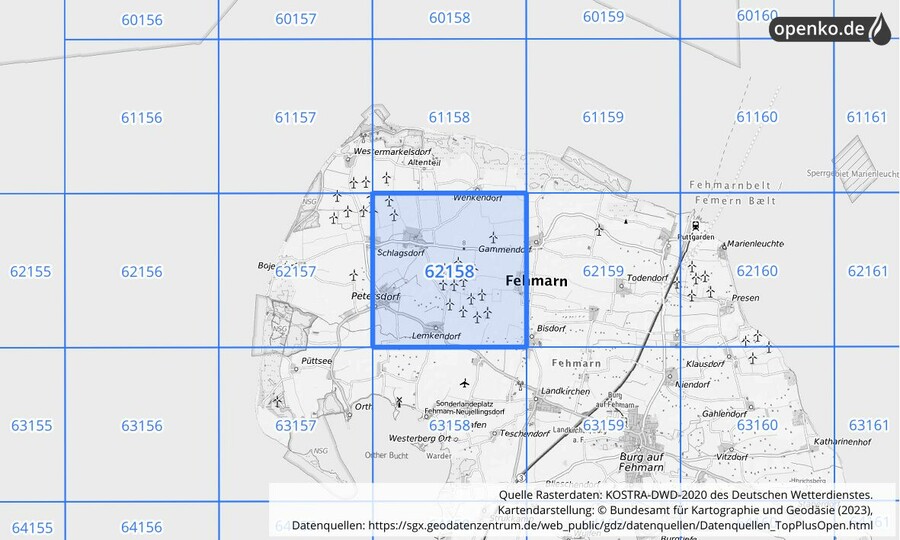 Übersichtskarte des KOSTRA-DWD-2020-Rasterfeldes Nr. 62158