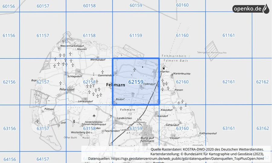 Übersichtskarte des KOSTRA-DWD-2020-Rasterfeldes Nr. 62159