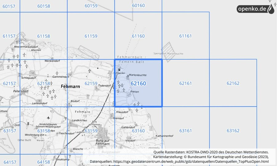 Übersichtskarte des KOSTRA-DWD-2020-Rasterfeldes Nr. 62160