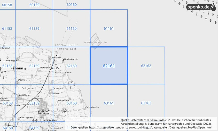 Übersichtskarte des KOSTRA-DWD-2020-Rasterfeldes Nr. 62161