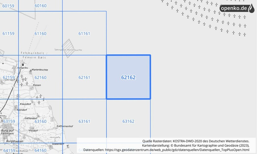 Übersichtskarte des KOSTRA-DWD-2020-Rasterfeldes Nr. 62162