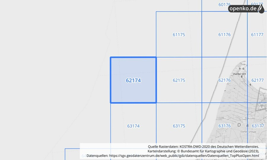 Übersichtskarte des KOSTRA-DWD-2020-Rasterfeldes Nr. 62174