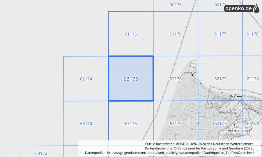 Übersichtskarte des KOSTRA-DWD-2020-Rasterfeldes Nr. 62175