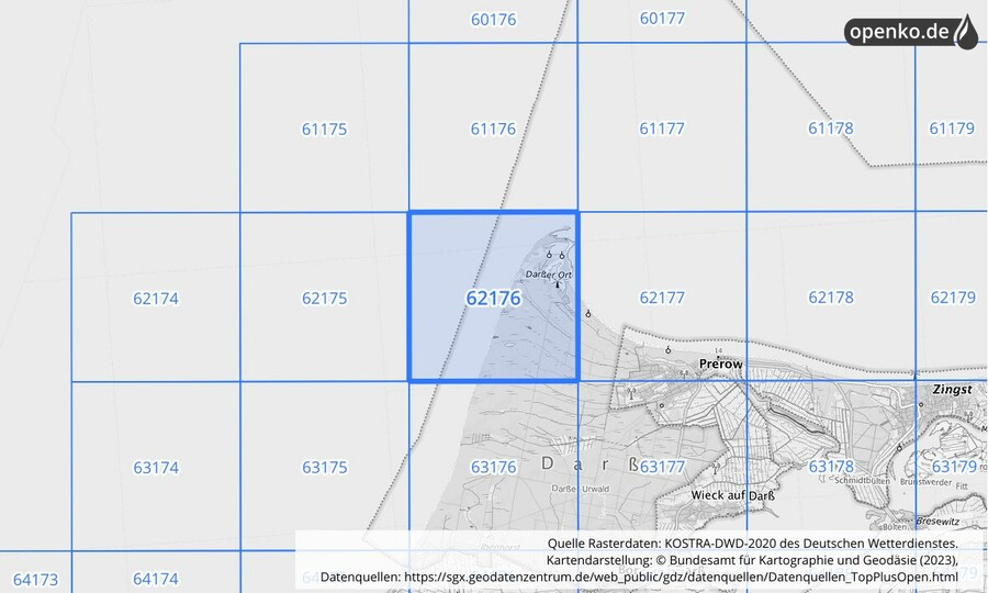 Übersichtskarte des KOSTRA-DWD-2020-Rasterfeldes Nr. 62176