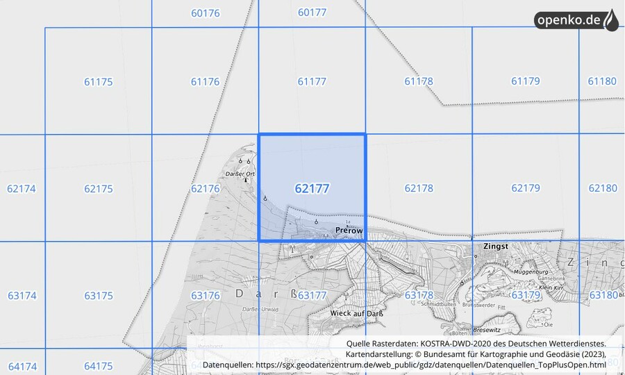 Übersichtskarte des KOSTRA-DWD-2020-Rasterfeldes Nr. 62177