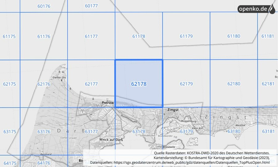 Übersichtskarte des KOSTRA-DWD-2020-Rasterfeldes Nr. 62178