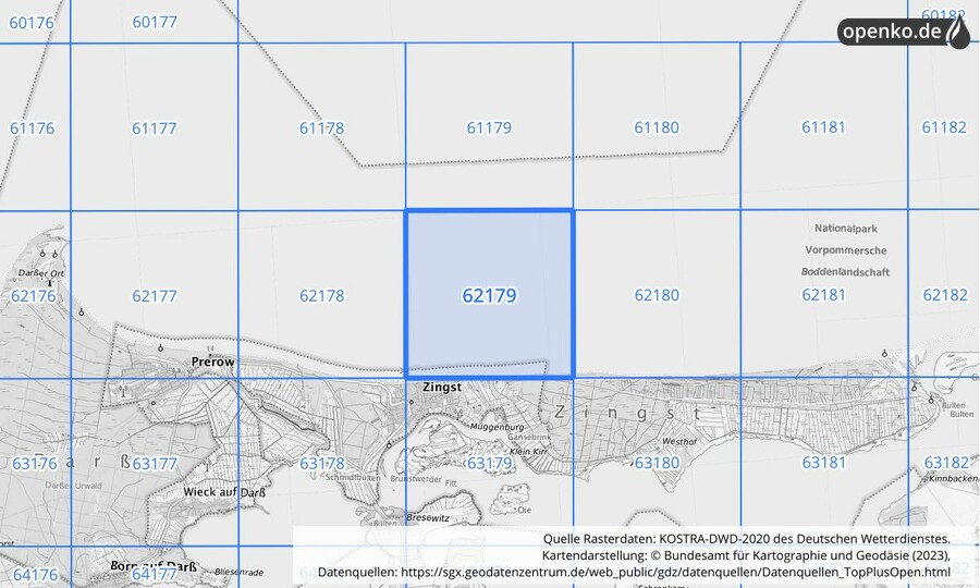 Übersichtskarte des KOSTRA-DWD-2020-Rasterfeldes Nr. 62179