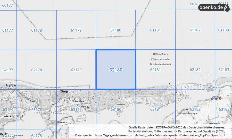 Übersichtskarte des KOSTRA-DWD-2020-Rasterfeldes Nr. 62180