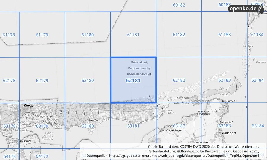 Übersichtskarte des KOSTRA-DWD-2020-Rasterfeldes Nr. 62181