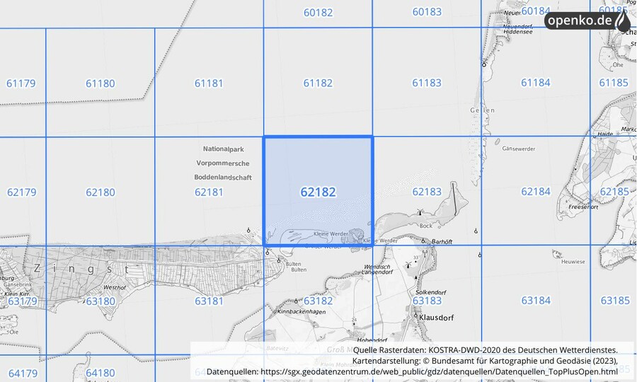 Übersichtskarte des KOSTRA-DWD-2020-Rasterfeldes Nr. 62182