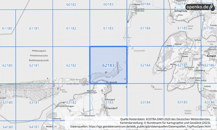 Übersichtskarte des KOSTRA-DWD-2020-Rasterfeldes Nr. 62183