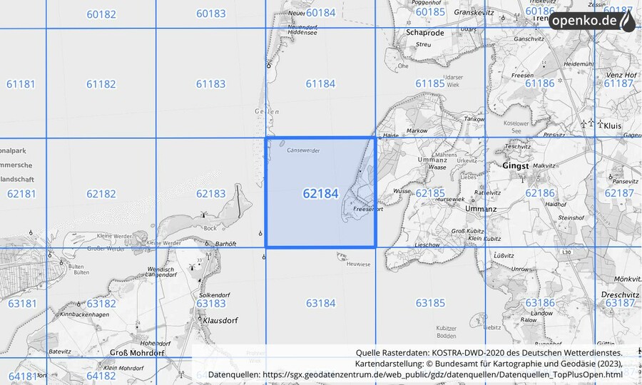 Übersichtskarte des KOSTRA-DWD-2020-Rasterfeldes Nr. 62184