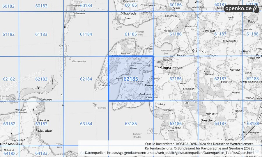 Übersichtskarte des KOSTRA-DWD-2020-Rasterfeldes Nr. 62185