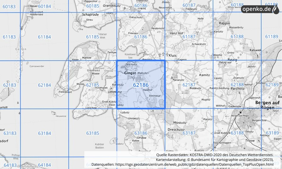 Übersichtskarte des KOSTRA-DWD-2020-Rasterfeldes Nr. 62186