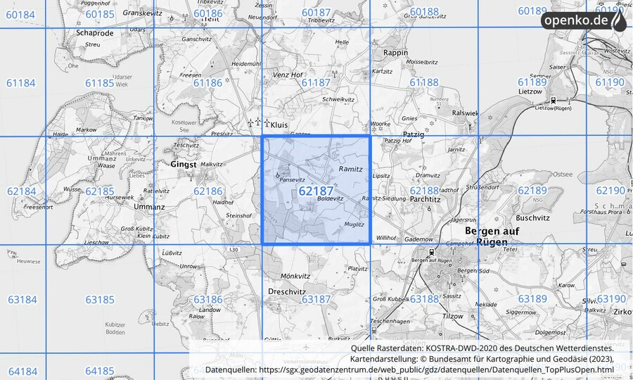 Übersichtskarte des KOSTRA-DWD-2020-Rasterfeldes Nr. 62187