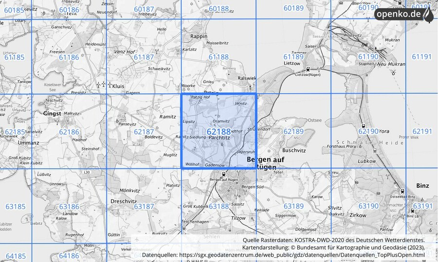 Übersichtskarte des KOSTRA-DWD-2020-Rasterfeldes Nr. 62188