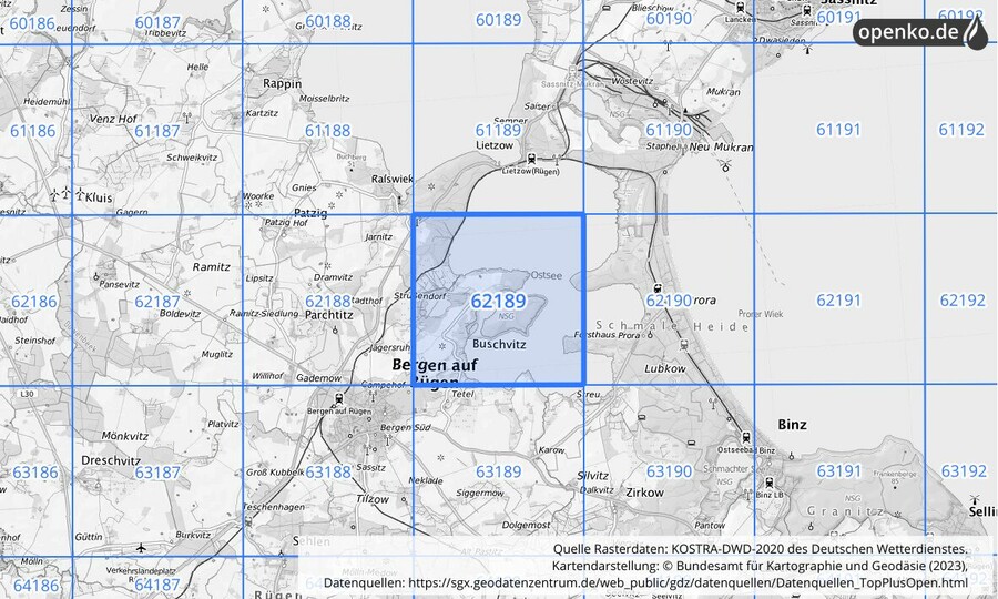 Übersichtskarte des KOSTRA-DWD-2020-Rasterfeldes Nr. 62189