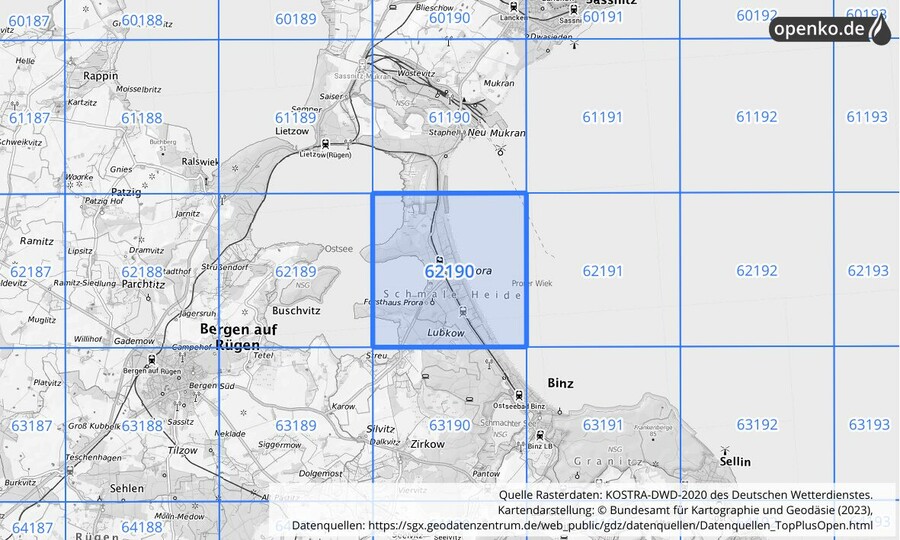 Übersichtskarte des KOSTRA-DWD-2020-Rasterfeldes Nr. 62190