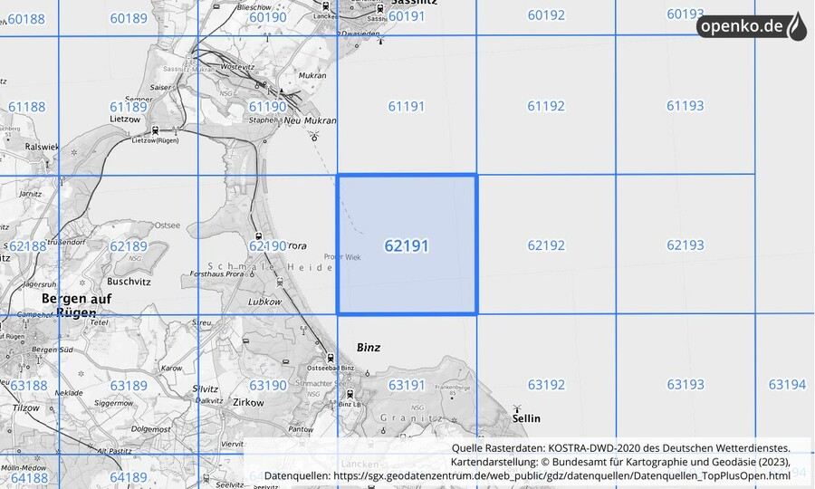 Übersichtskarte des KOSTRA-DWD-2020-Rasterfeldes Nr. 62191