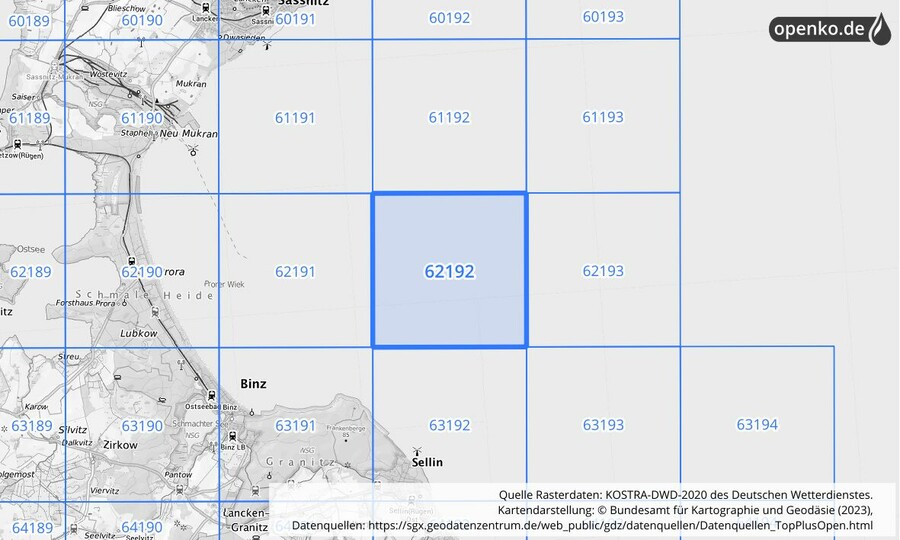 Übersichtskarte des KOSTRA-DWD-2020-Rasterfeldes Nr. 62192