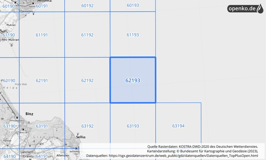 Übersichtskarte des KOSTRA-DWD-2020-Rasterfeldes Nr. 62193