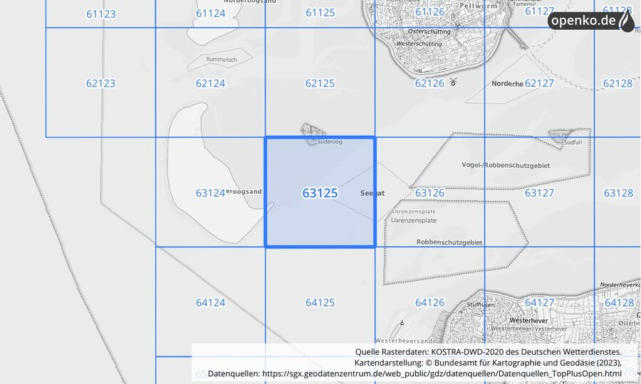 Übersichtskarte des KOSTRA-DWD-2020-Rasterfeldes Nr. 63125