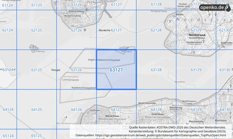 Übersichtskarte des KOSTRA-DWD-2020-Rasterfeldes Nr. 63127