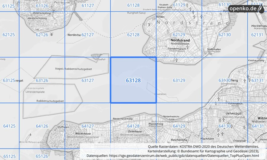 Übersichtskarte des KOSTRA-DWD-2020-Rasterfeldes Nr. 63128