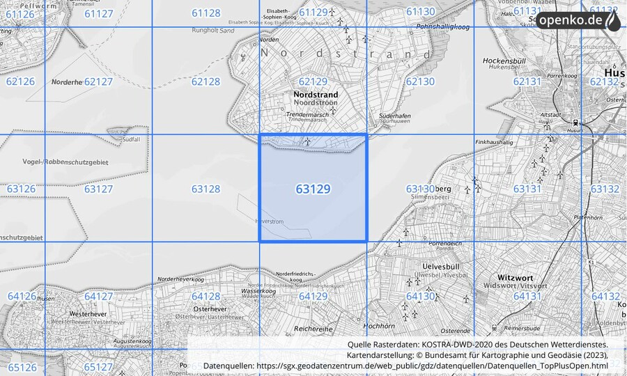 Übersichtskarte des KOSTRA-DWD-2020-Rasterfeldes Nr. 63129