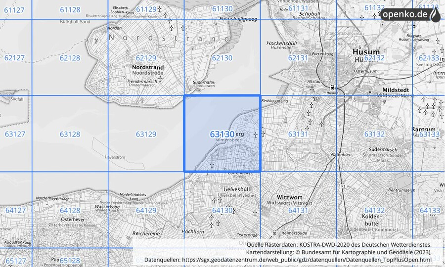 Übersichtskarte des KOSTRA-DWD-2020-Rasterfeldes Nr. 63130