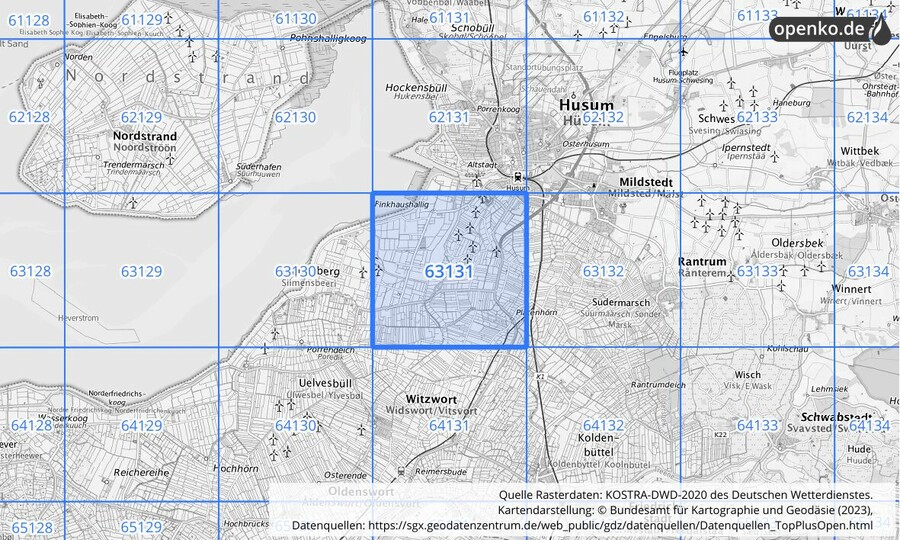 Übersichtskarte des KOSTRA-DWD-2020-Rasterfeldes Nr. 63131