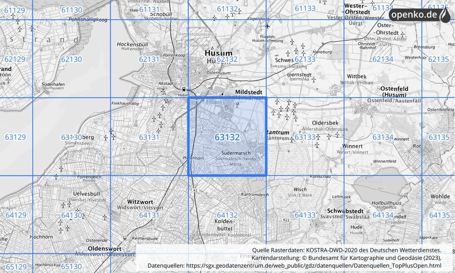 Übersichtskarte des KOSTRA-DWD-2020-Rasterfeldes Nr. 63132