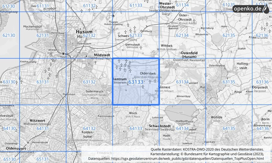 Übersichtskarte des KOSTRA-DWD-2020-Rasterfeldes Nr. 63133