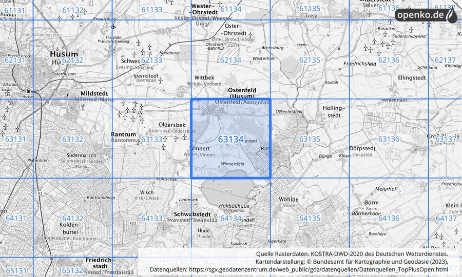 Übersichtskarte des KOSTRA-DWD-2020-Rasterfeldes Nr. 63134