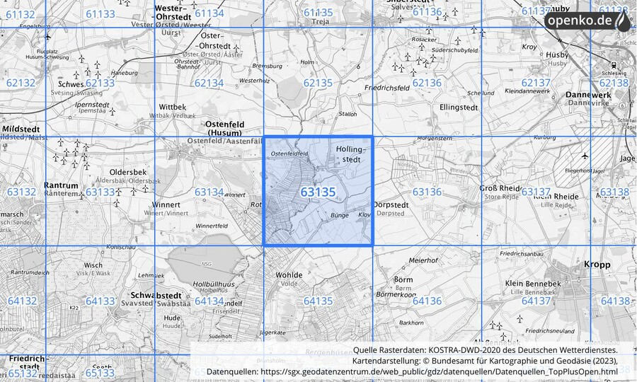 Übersichtskarte des KOSTRA-DWD-2020-Rasterfeldes Nr. 63135