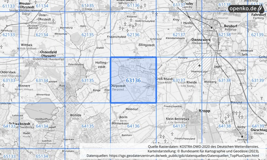 Übersichtskarte des KOSTRA-DWD-2020-Rasterfeldes Nr. 63136