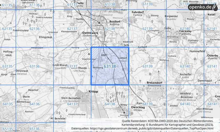 Übersichtskarte des KOSTRA-DWD-2020-Rasterfeldes Nr. 63138