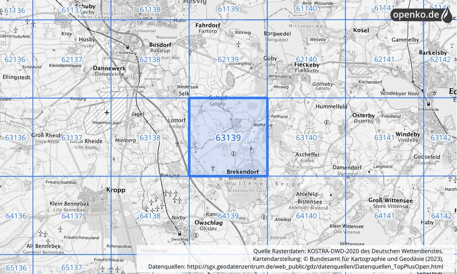Übersichtskarte des KOSTRA-DWD-2020-Rasterfeldes Nr. 63139