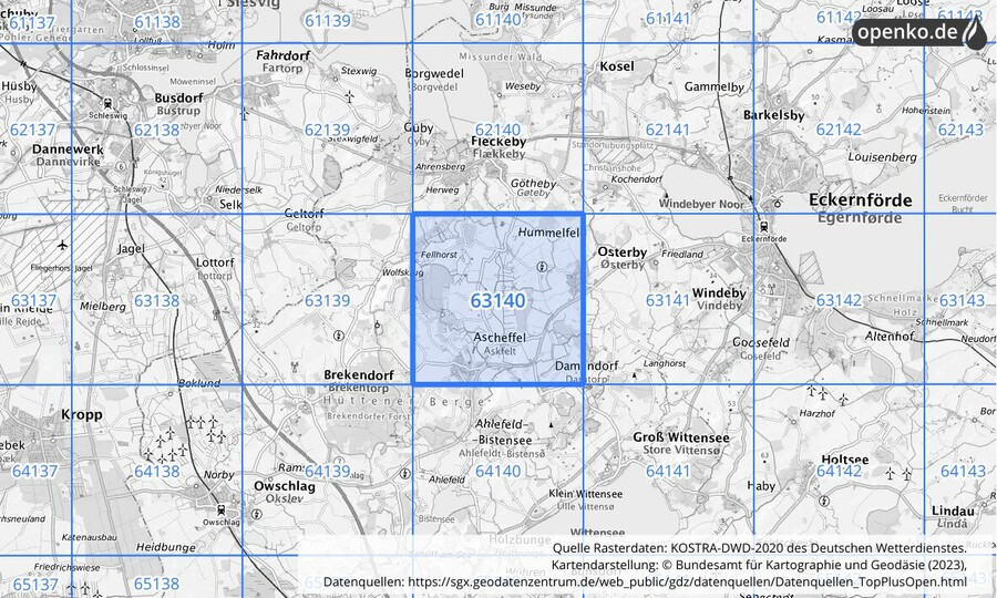Übersichtskarte des KOSTRA-DWD-2020-Rasterfeldes Nr. 63140