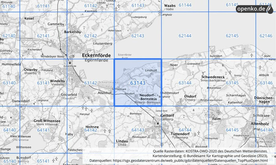 Übersichtskarte des KOSTRA-DWD-2020-Rasterfeldes Nr. 63143