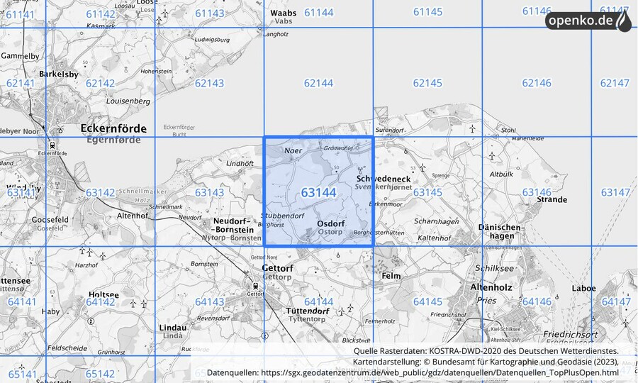 Übersichtskarte des KOSTRA-DWD-2020-Rasterfeldes Nr. 63144